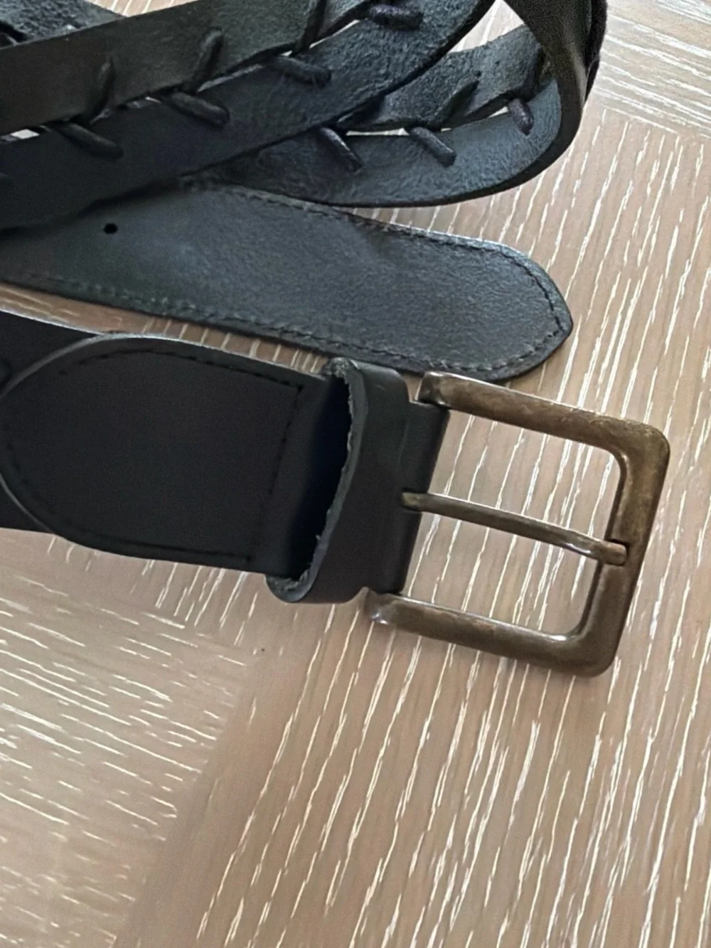 Men's Black Braided Leather Belt with Antique Brass Buckle